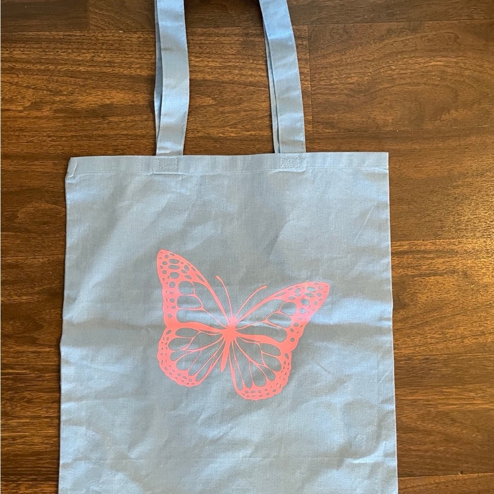 NWOT Light blue cotton Tote Bag with Pink Butterfly Design